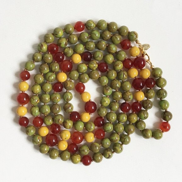 Vintage Joan Rivers Green Red Yellow Swirl Beaded Hand Knotted Necklace - Picture 2 of 5